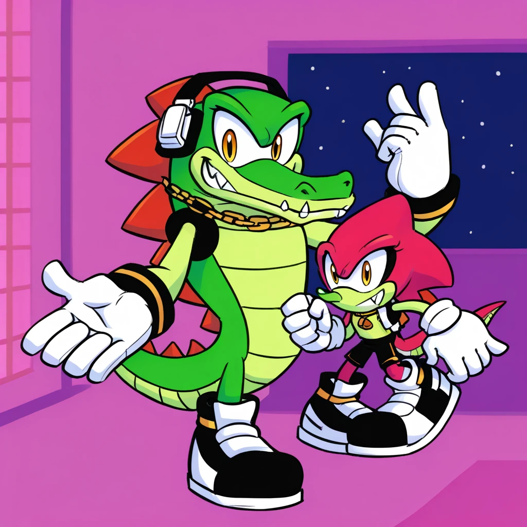 Custom avatar, vector the alligator character, wearing black shorts, in the cyberspace, cgi backround, surrounded by junk,