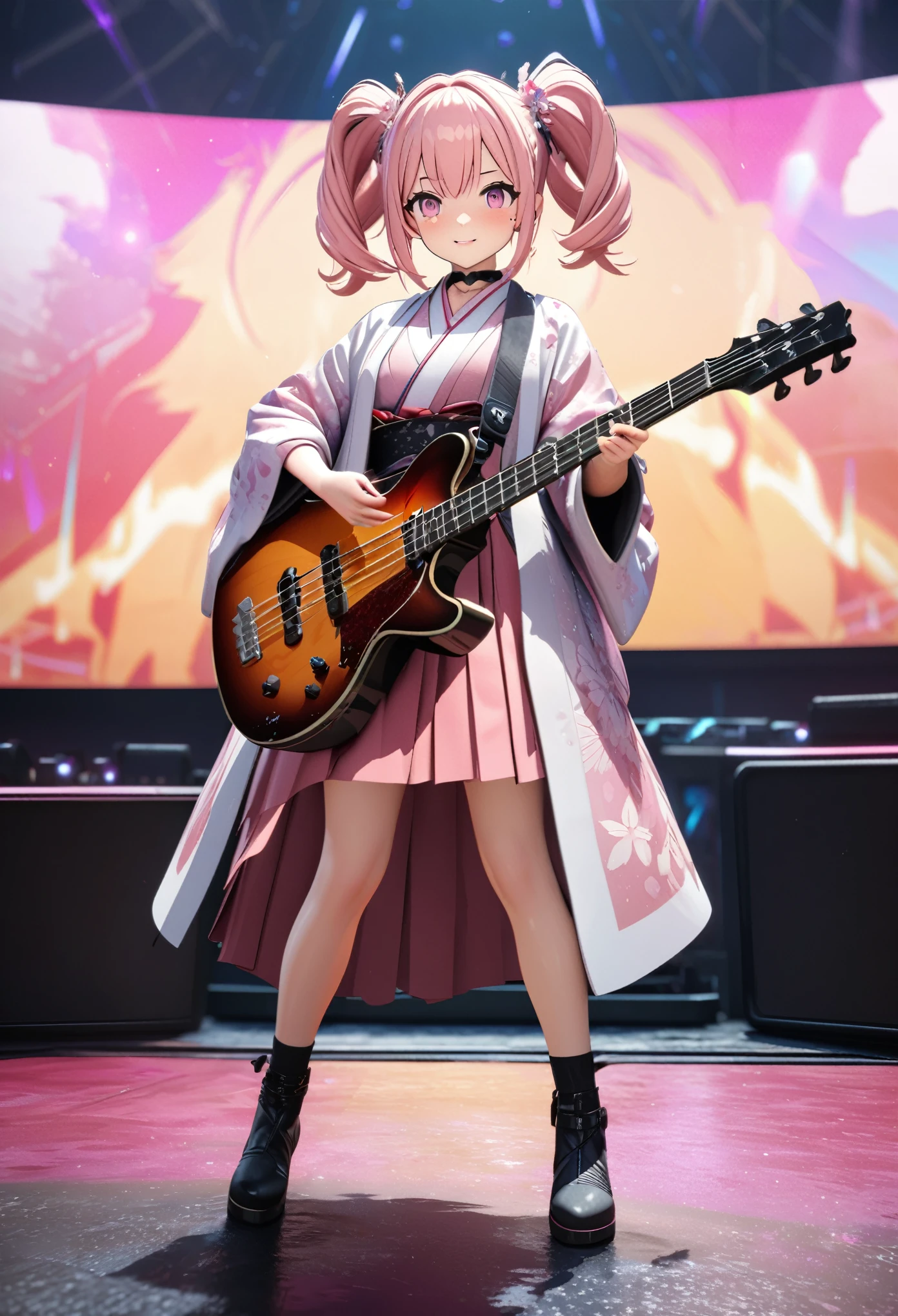 masterpiece, best quality, very detailed, high resolution, expensive resolution, high resolution, 4K, 8k, Unity 8k wallpaper, highly detailed CG, masterpiece, 2D, 3D, beautiful details, depth, fine texture, best quality: 1.3, perfect focus, crispy skin, he, Very cute anime girl, girl playing baseguitar vocals in a band wearing a Japanese fancy floral haori hakama, on outdoor stage, full body, expensive pink twin tail hair, mole under eye, looking at the viewer, expensive, blush, mole, lips open, , heart choker, pink eyes, guitar vocals, stage,Full body of an anime girl with pink twin-tailed hair wearing a Japanese kimono and playing a bass guitar on stage at a cyberpunk festival