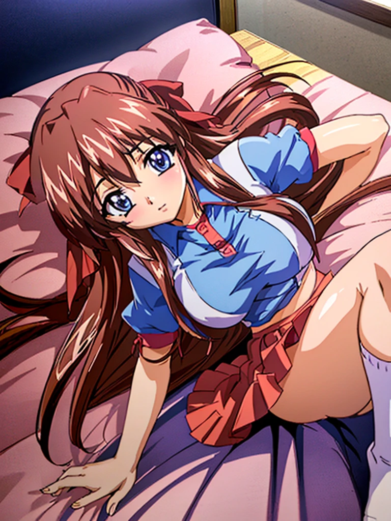 (Anime artwork, Anime Style, Studio Anime, Very detailed, Latest, Vibrant, Anime Coloring Book, High Contrast, masterpiece:1.2, Highest quality, Best aesthetics), (Beautiful and detailed:1.2), Aoi Tennis, 1 person, Hair Ribbon, Tennis uniform, Polo shirt, Raglan sleeves, Pleated skirt, Red Skirt, Pink Bra, Pink Pants, blush, Lips parted, Embarrassing, (On the bed,Lie down, Covering one's pants with their right hand, Rub your chest with your left hand,Looking at the audience), Pink Bed, From above, No pants,White knee socks,Lack of shoes, Asymmetrical bangs, Perfect Proportions, Skin with attention to detail, cute, Detailed face, (skirt lift:1.3), (from bottom:1.3)