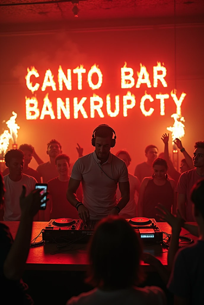 Youth party where the DJ is a commercial airline pilot and there's a lot of fire ,the young people are burning notebooks and on the wall there's a sign that says in red fire letters CANTO BAR BANKRUPTCY