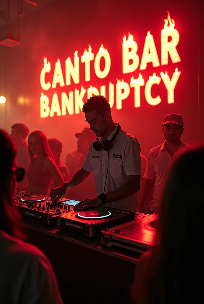 Youth party where the DJ is a commercial airline pilot and there's a lot of fire ,the young people are burning notebooks and on the wall there's a sign that says in red fire letters CANTO BAR BANKRUPTCY