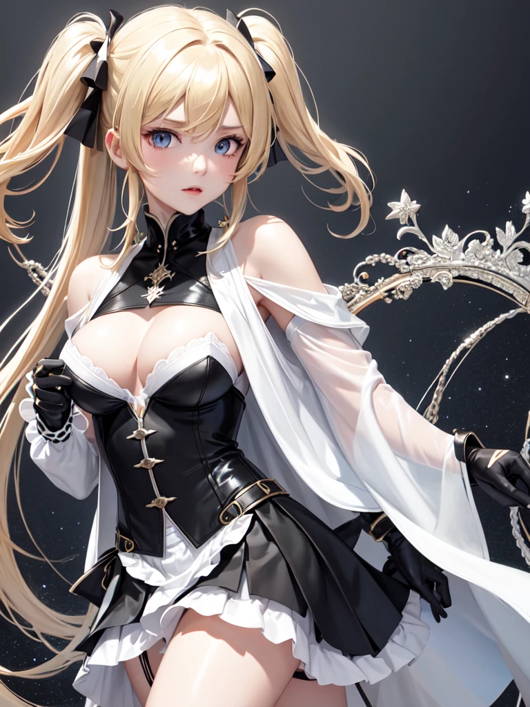 (Ultra extreme detailed),(Masterpiece),(Ultra extreme),(Realistic),CG,(color:1.2), Strong lighting,Light from behind,evaluation:Safety,alone, black,Blonde twin tails,length hair,blue eyes,white_gloves,garter_strap,absolute_ryouiki,Pleats_skirt,white_skirt,blackcolorストーキング,expensive_Heel,white shrite,length_sleeve,black_Cape,short_whiteいショートドレス,Shoulder guard、Lace on chest、Eye mask、Holding a sword