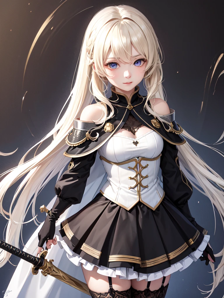 (Ultra extreme detailed),(Masterpiece),(Ultra extreme),(Realistic),CG,(color:1.2), Strong lighting,Light from behind,evaluation:Safety,alone, black,Blonde twin tails,length hair,blue eyes,white_gloves,garter_strap,absolute_ryouiki,Pleats_skirt,white_skirt,blackcolorストーキング,expensive_Heel,white shrite,length_sleeve,black_Cape,short_whiteいショートドレス,Shoulder guard、Lace on chest、Eye mask、Holding a sword