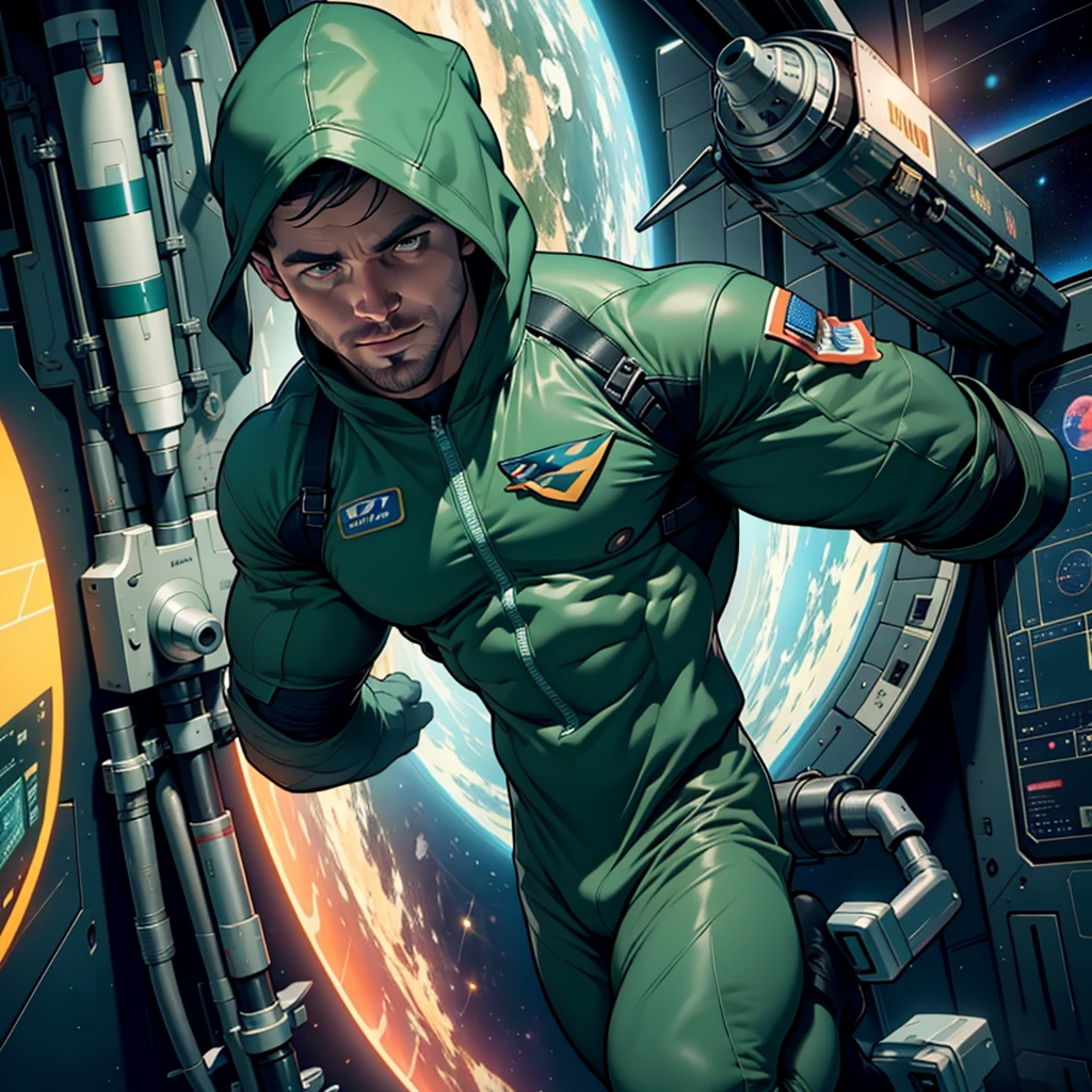 32k,masterpiece, best quality, detailed face, natural eyes,1man, solo mature man, muscled and mature, stephen amell as an astronaut wearing future space suit, dark green suit, showing muscles and bulge ,floating in the space inside a space shuttle , with "arrow" text and logo on his suit ,  full body, intricate Detailed background 