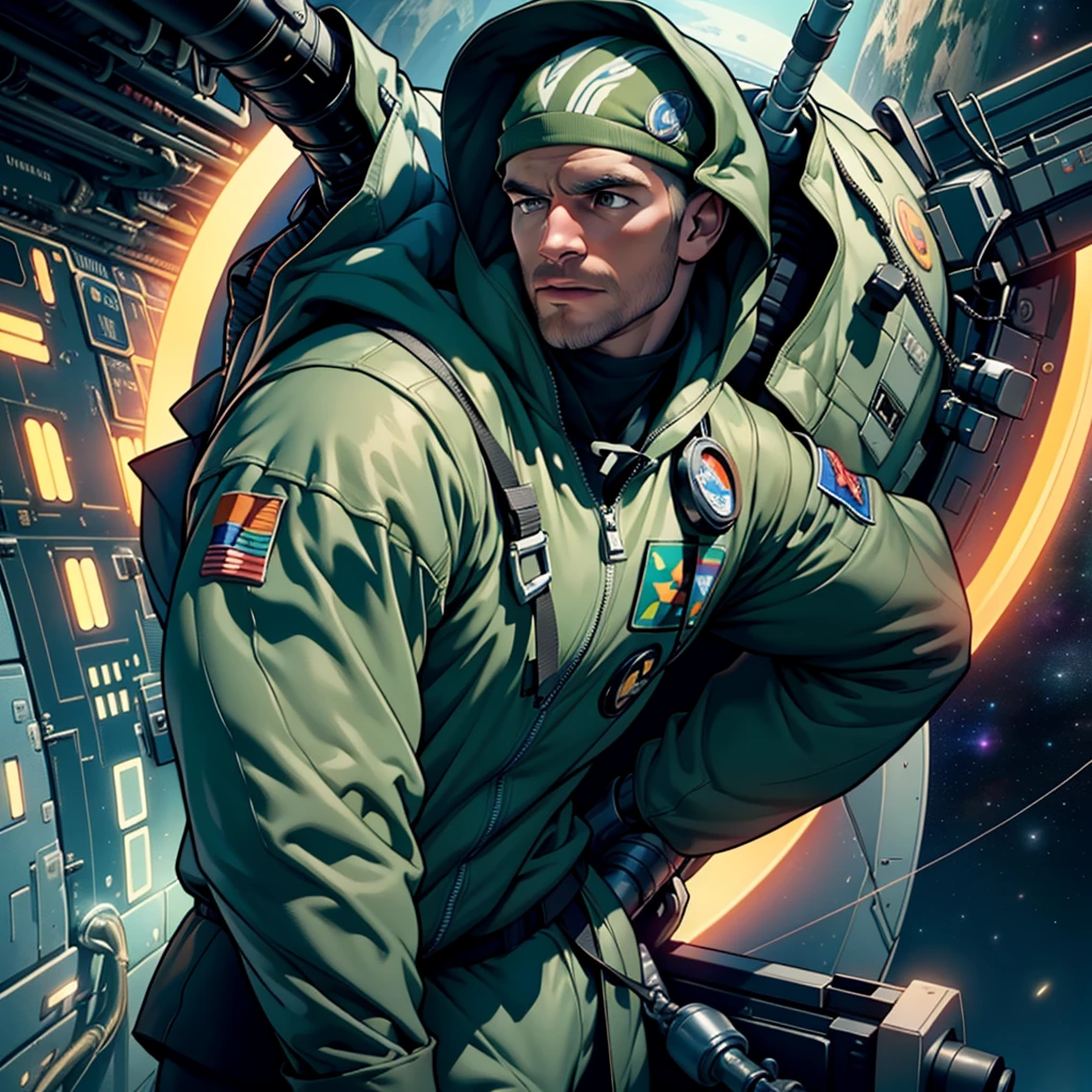 32k,masterpiece, best quality, detailed face, natural eyes,1man, solo mature man, muscled and mature, stephen amell as an astronaut wearing future space suit, dark green suit, showing muscles and bulge ,floating in the space inside a space shuttle , with "arrow" text and logo on his suit , full body, intricate Detailed background
