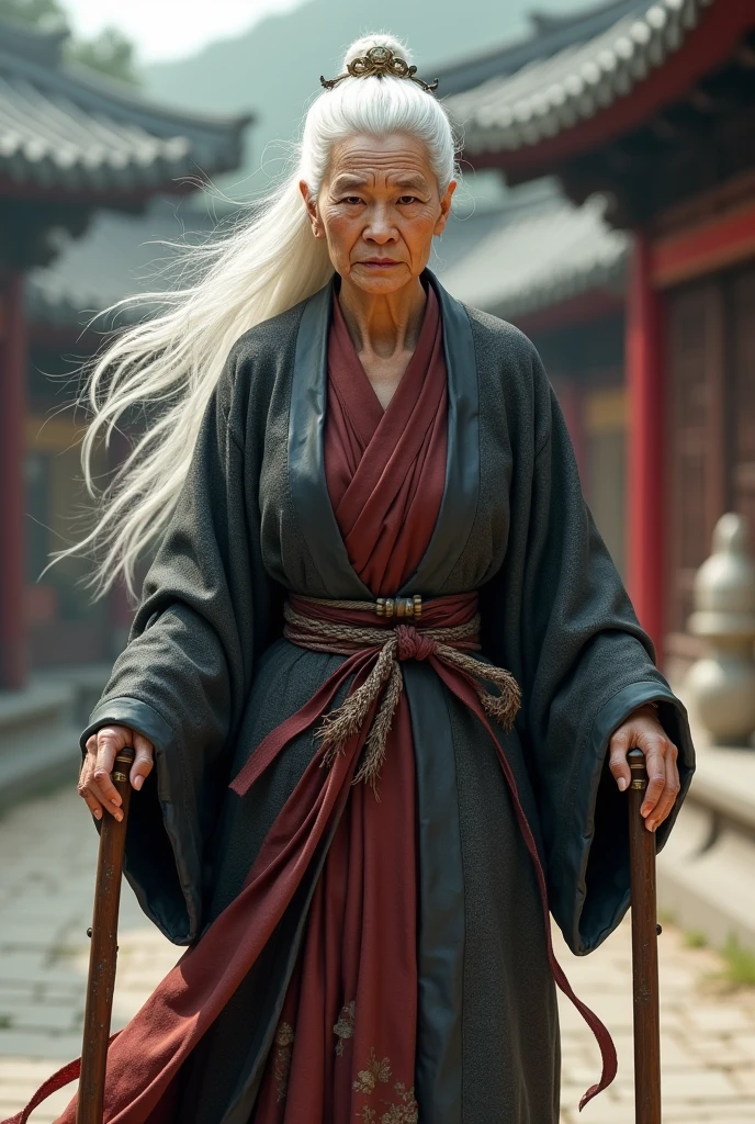 70 years old,Female master,White hair,Tang Dynasty,Martial arts,Faucet crutches,Injured