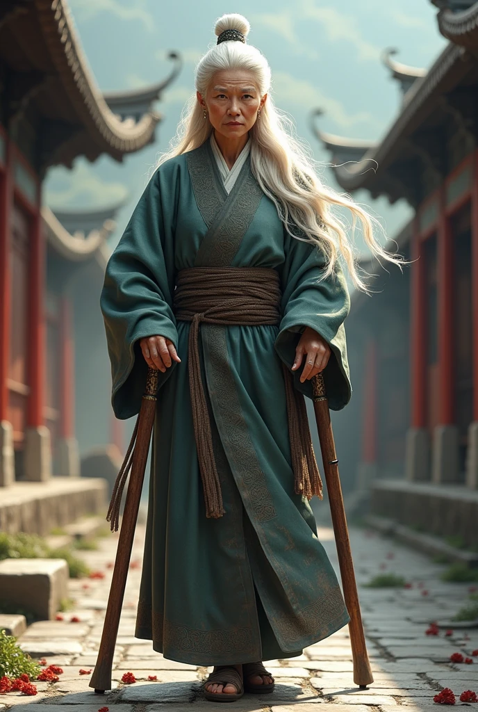 
70 years old，Female master，White hair，Tang Dynasty，Martial arts，Faucet crutches，Injured