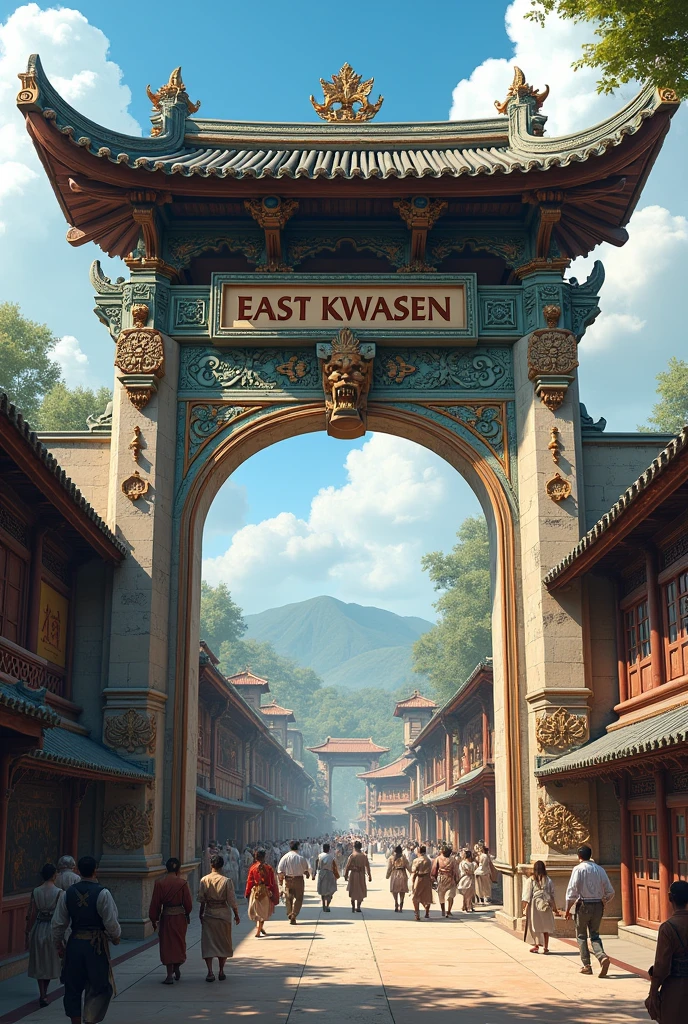 Gate inscribed "EAST KWASEN" on a busy village road