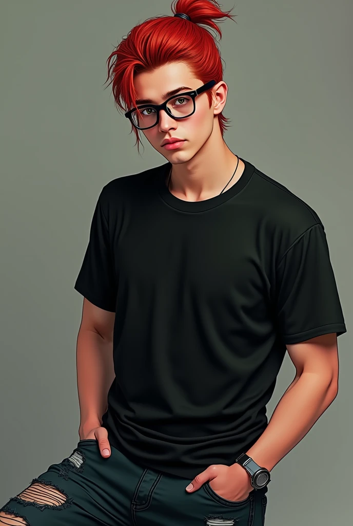 1 guy. Red hair tied in a small ponytail. black eyes. black T-shirt. Black retro glasses. ripped jeans.