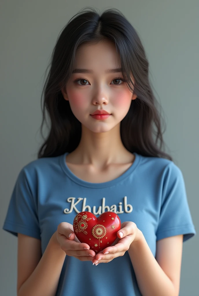 A beautiful heart in japanese hand and girl wearing a blue tea shirt named "Khubaib" 8k ultra its a realistic girl not emoji
18 years old