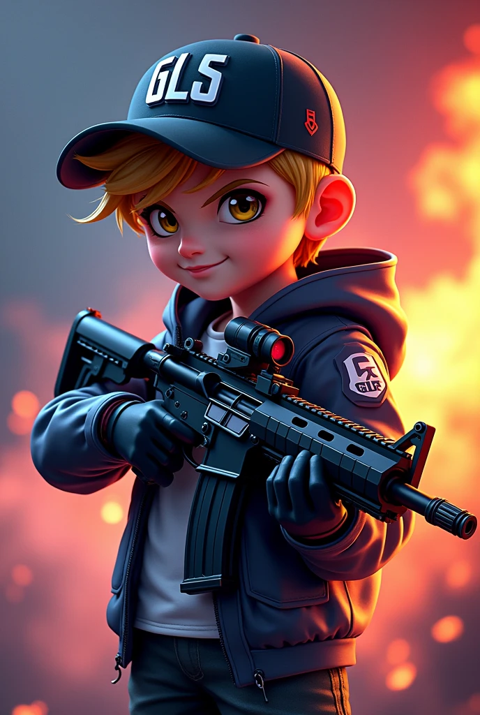 Create a mascot logo where the mascot is a gamer boy with a black chuki cap carrying an assault rifle and a sign below with the letters gls