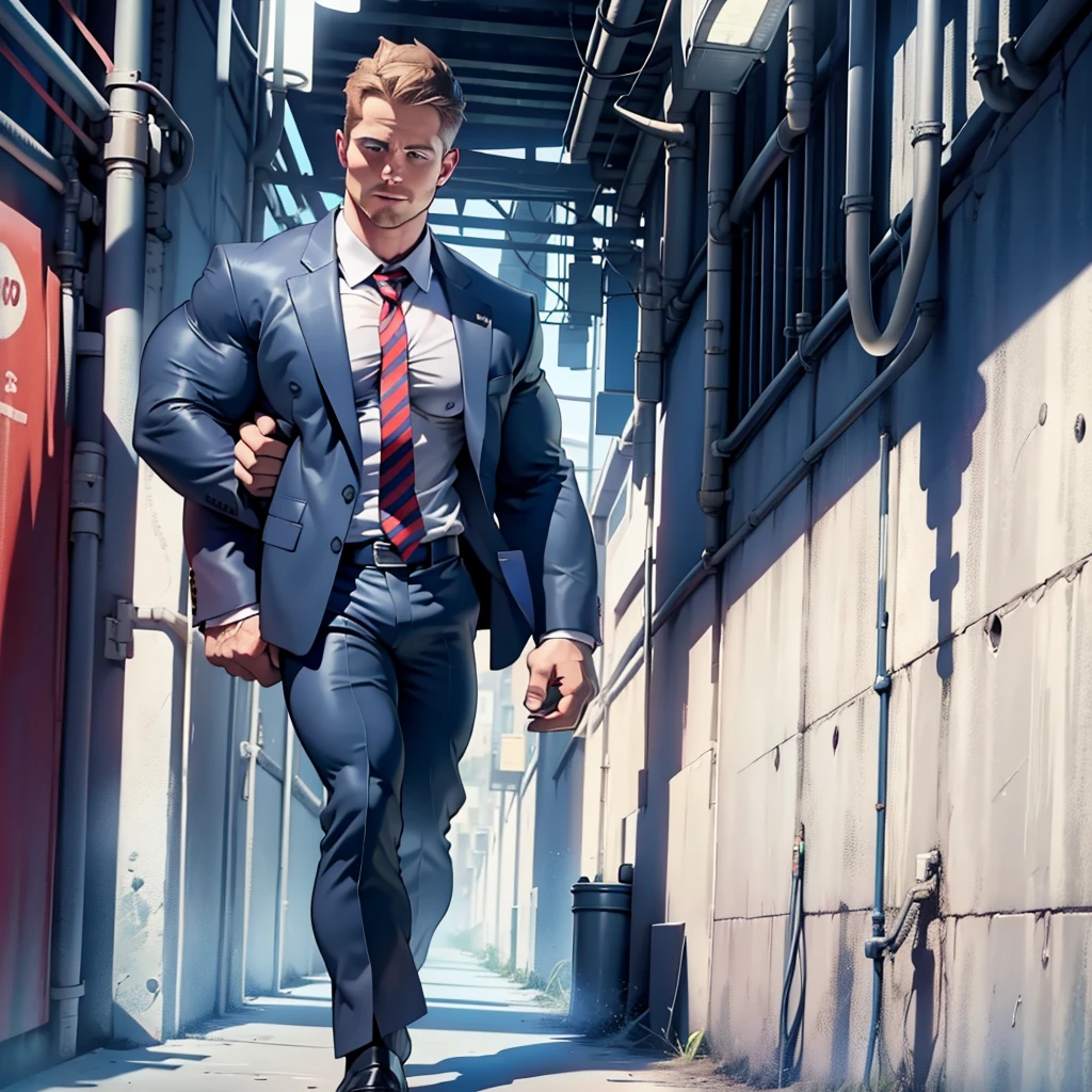 1 man, male focus solo, middle aged man,((( Stephen AMELL ))) as private investigator,  lean muscle,very  light blue shirt, marine blue businessman suit ,( red tie) ,( big manly bulge), full body shot, dark blond short hair, well groomed facial hair, holding a gun with one hand, , ultra high quality, masterpiece, (clear intense  blue and white paint in the blackground)