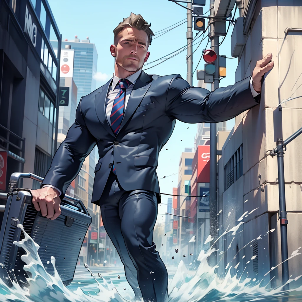 1 man, male focus solo, middle aged man,((( Stephen AMELL ))) as private investigator, lean muscle,very light blue shirt, marine blue businessman suit ,( red tie) ,( big manly bulge), full body shot, dark blond short hair, well groomed facial hair, holding a gun with one hand, , ultra high quality, masterpiece, (clear intense blue and white paint in the blackground)