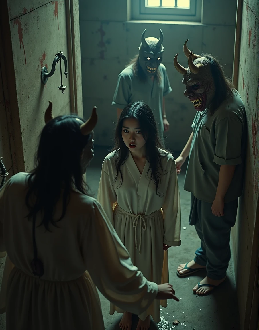 Land of Rakshasa、An old torture chamber decorated with instruments of torture、Beautiful Japanese girl、(Ruffians wearing demon masks attack a woman)、(Humiliating my daughter)、scream、(Scared girl)、(Dim lighting)、A cruel world where people are no longer people、Bird's-eye view、Masterpiece best quality、Baby Face、Cute girl、No makeup、Various hairstyles、Slight traces of blood on the walls and floor