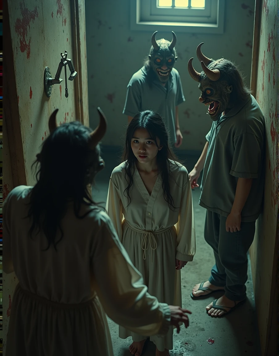 Land of Rakshasa、An old torture chamber decorated with instruments of torture、Beautiful Japanese girl、(Ruffians wearing demon masks attack a woman)、(Humiliating my daughter)、scream、(Scared girl)、(Dim lighting)、A cruel world where people are no longer people、Bird&#39;s-eye view、Masterpiece best quality、Baby Face、Cute girl、No makeup、Various hairstyles、Slight traces of blood on the walls and floor