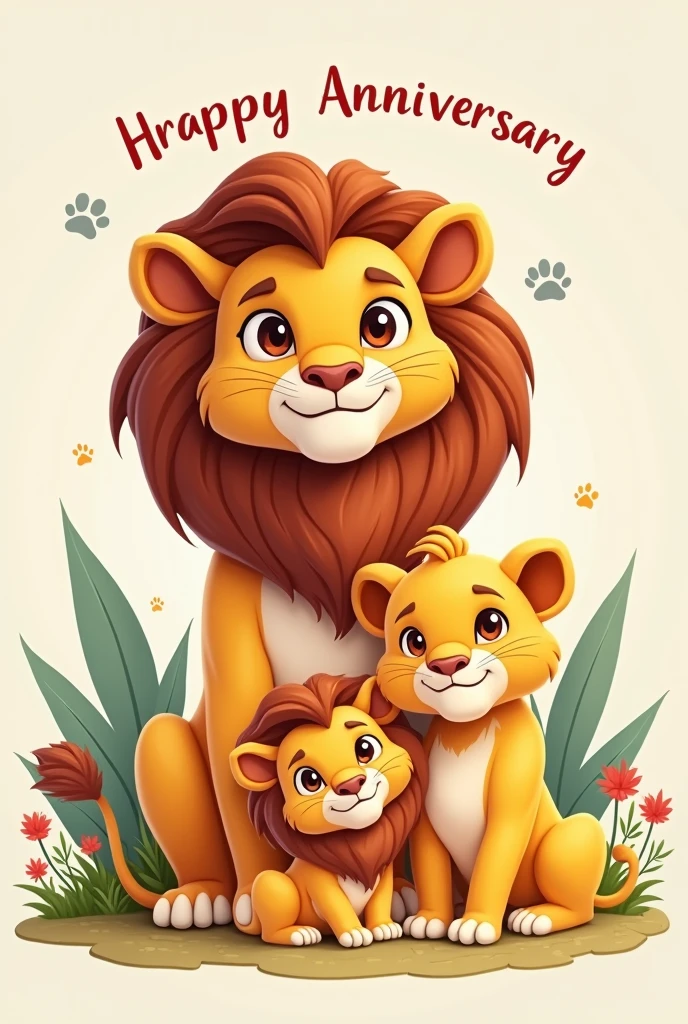 5 Year Anniversary card featuring a cute, cartoonish 3 Lions, Pride Male Father, Lionesses Mother, and its small cub. The design is playful and light-hearted, perfect for celebrating the special bond you share