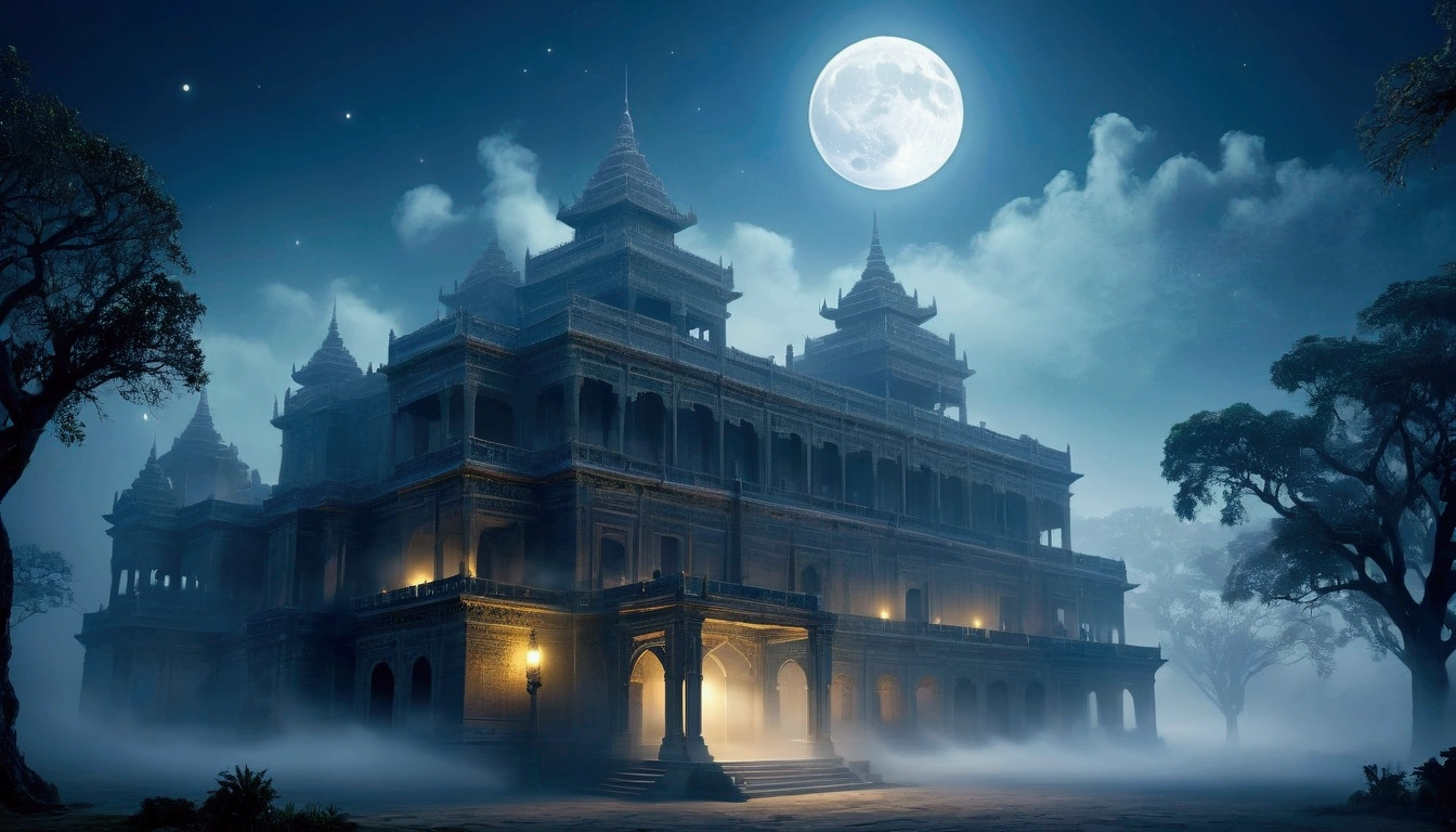 Mysterious Fog, light particles, old palace, el dorado, moon,