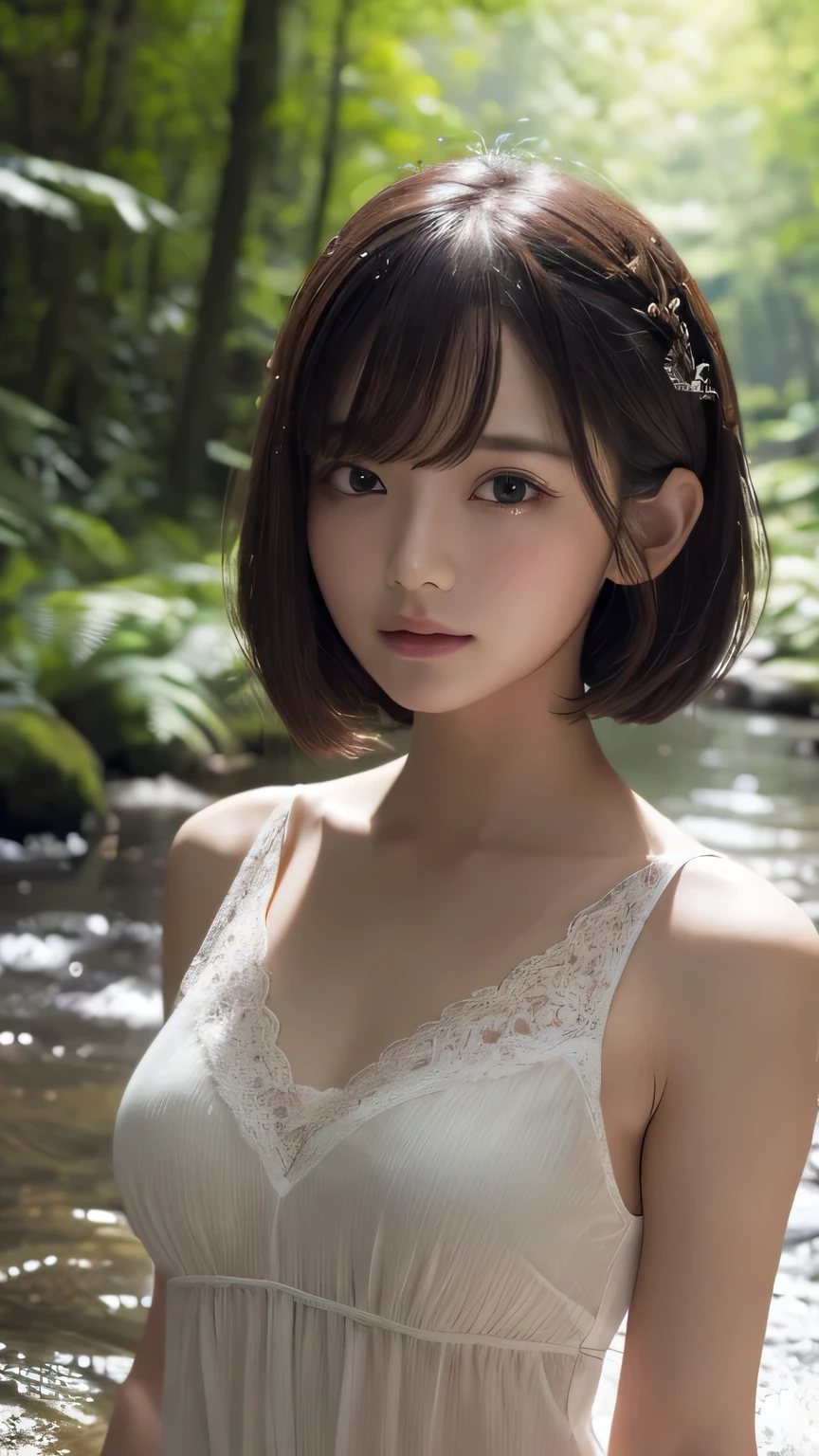 (Ultra-realistic), (figure), (High resolution), (8k), (Very detailed), (Best figure), (Beautiful and detailed), (Highest quality), (Super detailed), (masterpiece), (wallpaper), (Detailed face), alone, One Girl, watching viewer, Trendy clothes,Less exposure、Fine details, Detailed face, In the Dark, Deep Shadow, Modest, Pure Erotic Face Ace_v1, cool, short hair, Pointed diagonal bangs,In a beautiful forest、Fairy、Angel、stream、Water Play