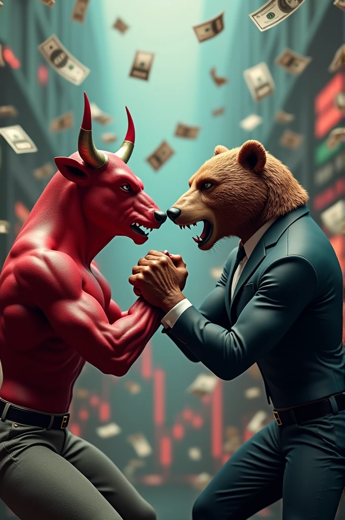 3D color image of a man with a red bull's head and another man with a bear's head wearing a suit, both are in arm wreatling pose with a background of share market candlesticks, stock market charts, dollar bills flying around, and falling stock prices. image should be in ultra HD.