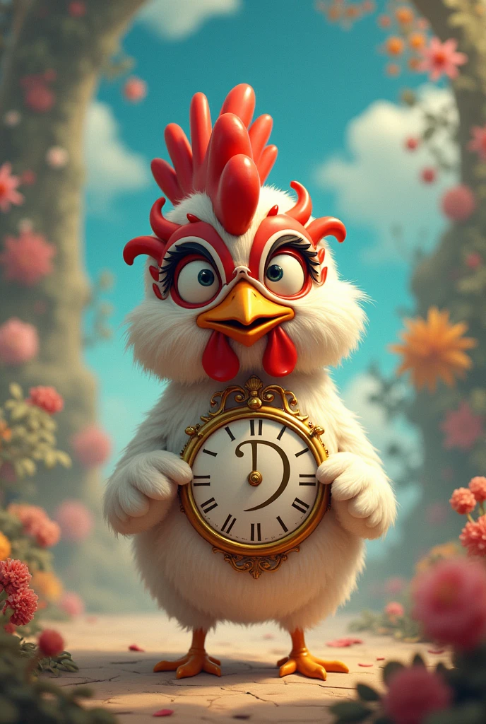 An animated chicken wearing a saiko mask and a clock in a shape that contains the letter D inside the clock