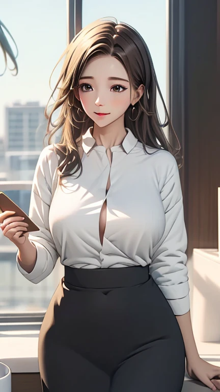 Light Color Palettes,medium front shot, digital art painting . dreaming fresh art style,a single alone female office lady, charming relaxing . cooking somthing, lovely, cute, attractive, freshly green trees leaves swaying morning sunlight hyper ligting insane details background blurry focus on characte