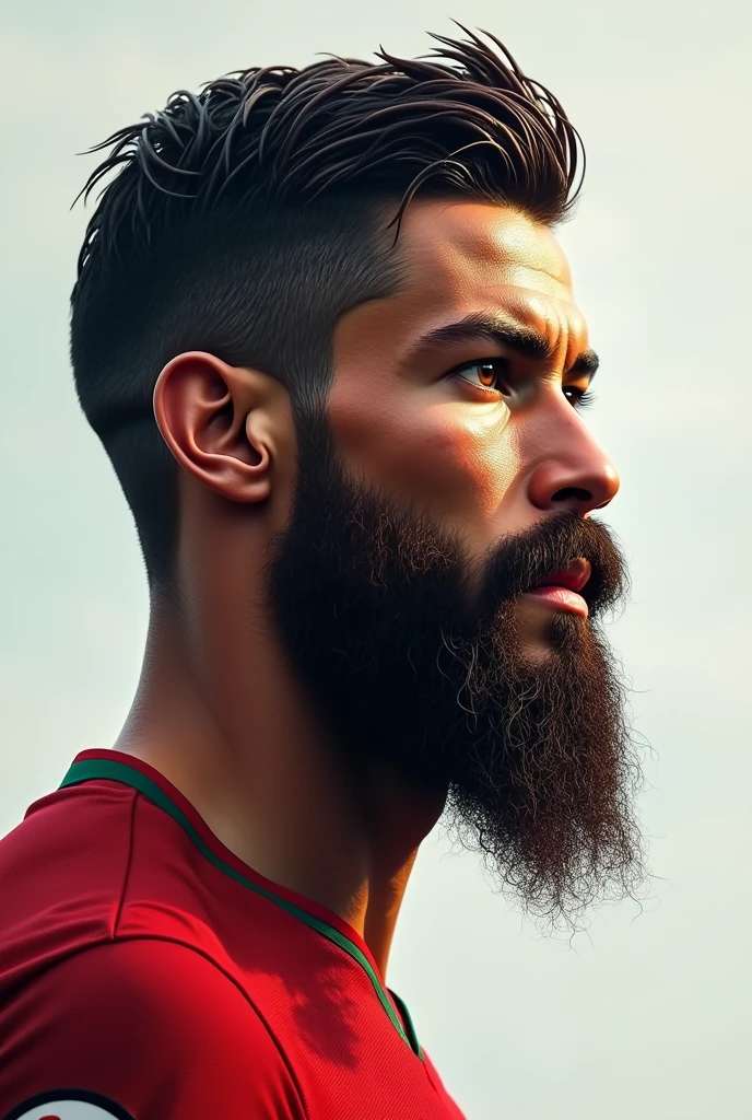 Cristiano Ronaldo from the right profile with a long goat beard