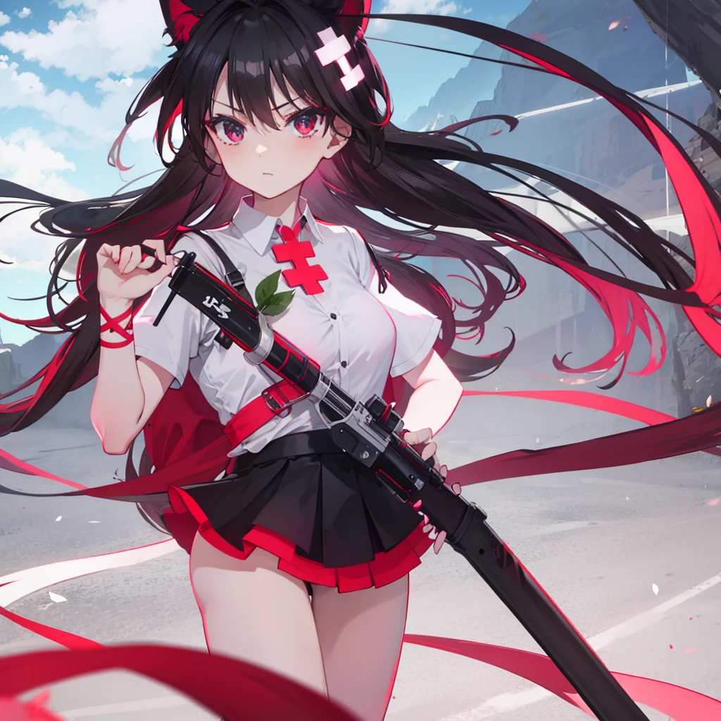 Double tail，The Red Cross' short-sleeved shirt，Black skirt，black stockings，Medium breasts，On the rooftop at night
