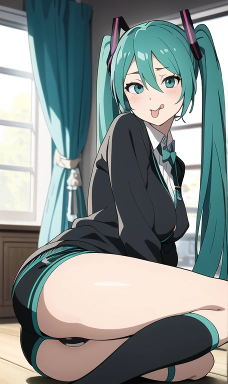 masterpiece, best quality, hatsune miku, knee socks, nipples, shorts, cute, big butt, tongue out, doggystyle pose