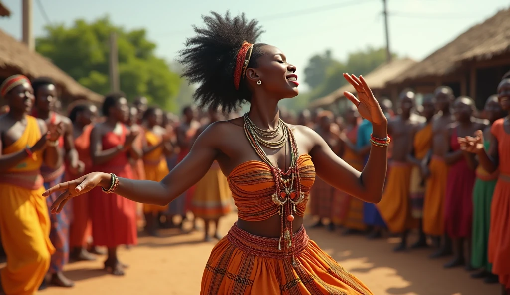 Generate a realistic and consistent image of Nma a very beautiful 28 years Nigerian princess, tieing rapper on her chest and waist decorated with beads on her hair and waist, dancing in the village square with villagers watching her and clapping for her
