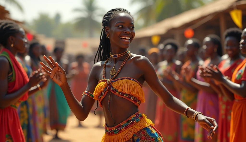 Generate a realistic and consistent image of Nma a very beautiful 28 years Nigerian princess, tieing rapper on her chest and waist decorated with beads on her hair and waist, dancing in the village square with villagers watching her and clapping for her