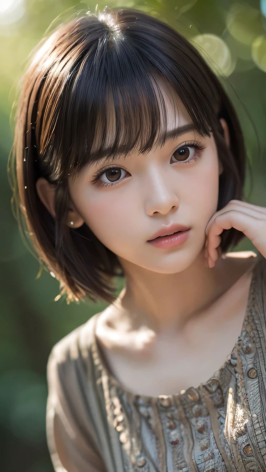 (Ultra-realistic), (figure), (High resolution), (8k), (Very detailed), (Best figure), (Beautiful and detailed), (Highest quality), (Super detailed), (masterpiece), (wallpaper), (Detailed face), alone, One Girl, watching viewer, Trendy clothes，Less exposure、Fine details, Detailed face, In the Dark, Deep Shadow, Modest, Pure Erotic Face Ace_v1, cool, short hair, Pointed diagonal bangs，In a beautiful forest、Fairy、Angel