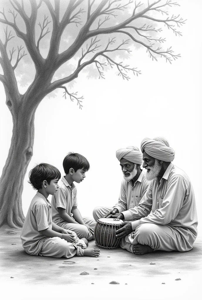 Imagine 3 kids ( 2 male and 1 female) looking at 3 uncles sitting under a tree from far with dhol instrument with them. Shot type: over the shoulder. Angle: close up. Style: pencil sketch 