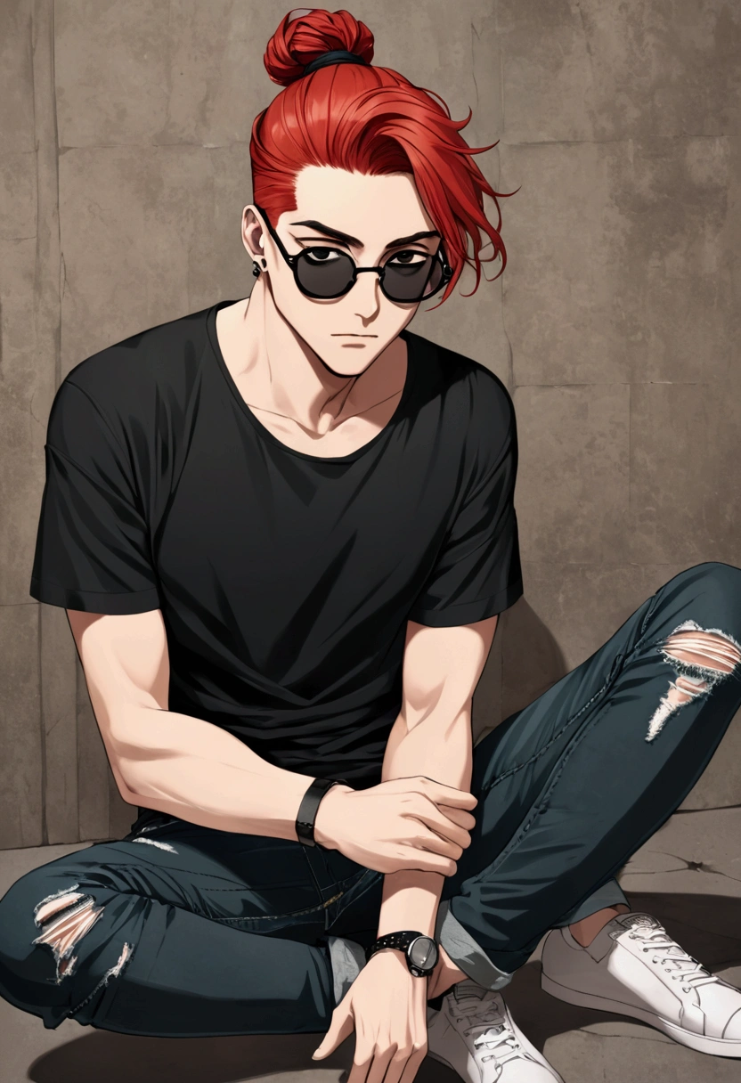 1 guy. Red hair tied in a small ponytail. black eyes. black T-shirt. Black retro glasses. ripped jeans.