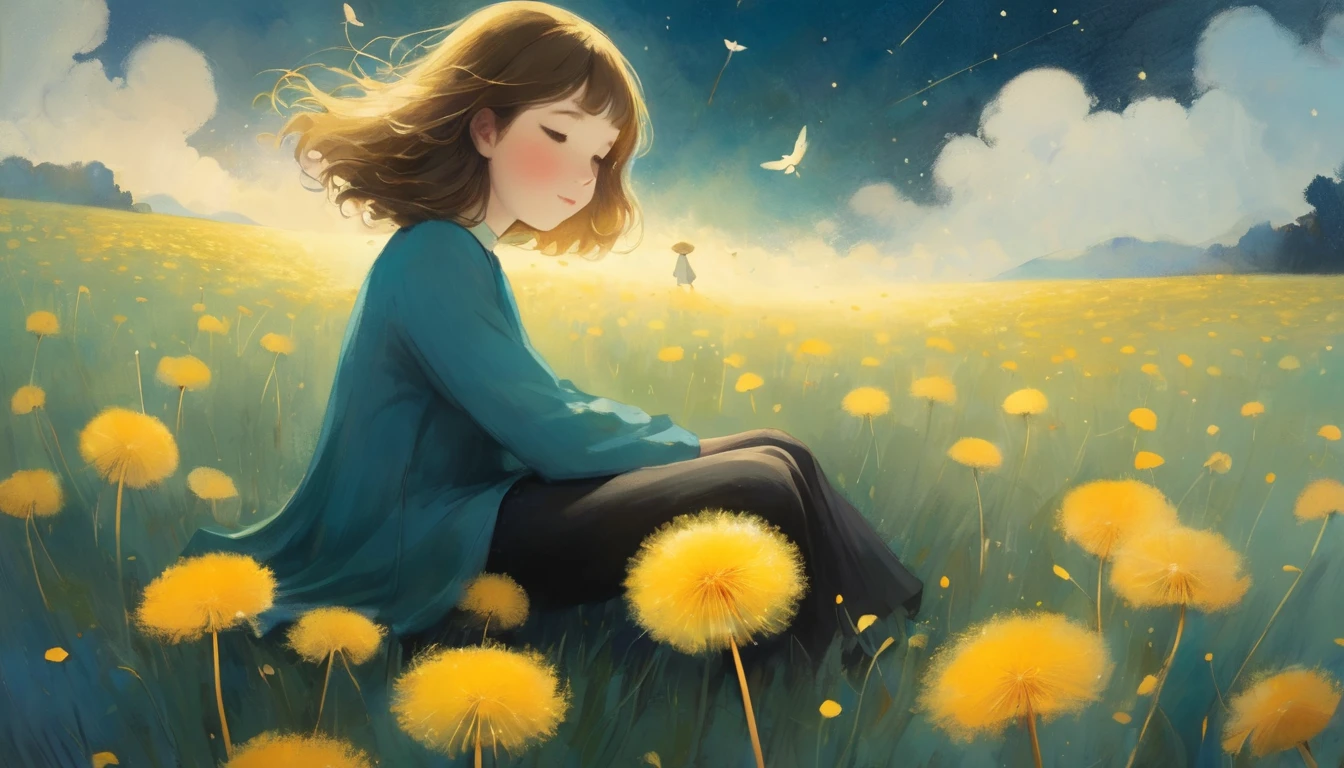 poster of 1 young woman, sit on a Dandelion, kawaii, floating in the sky , crossed leg,
perspective, wide angle,
(masterpiece, best quality, art by Catherine Hyde)