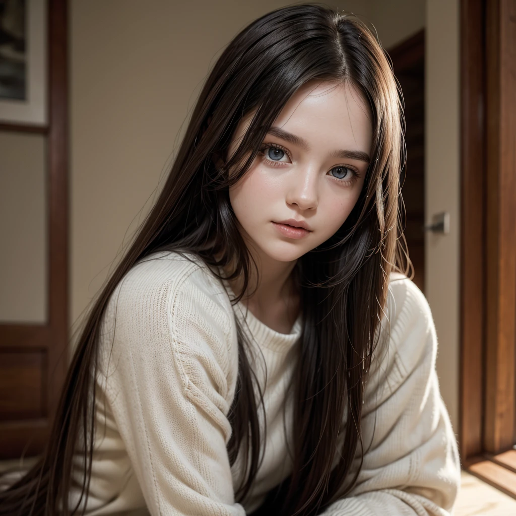 Young caucasian woman, long dark hair,