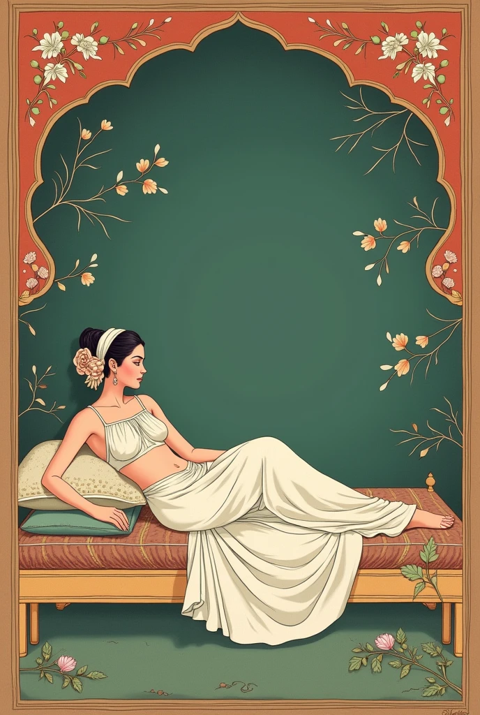 Flat 2d mughal miniature painting art style desaturated greens and blues. Female laying on a bed