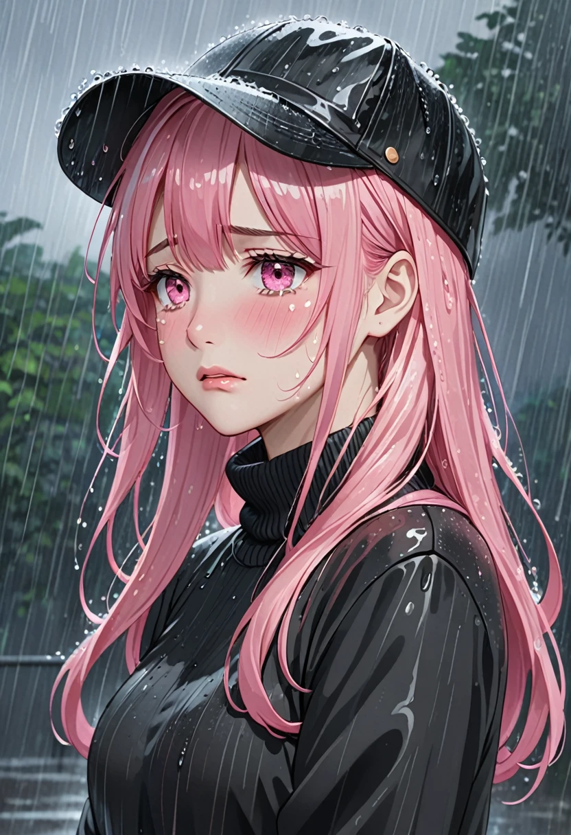 a female anime character with pink hair posing while wearing a hat in the rain, 1girl, solo, rain, pink hair, crying, tears, pink eyes, black sweater, long hair, crying with eyes open, bangs, closed mouth