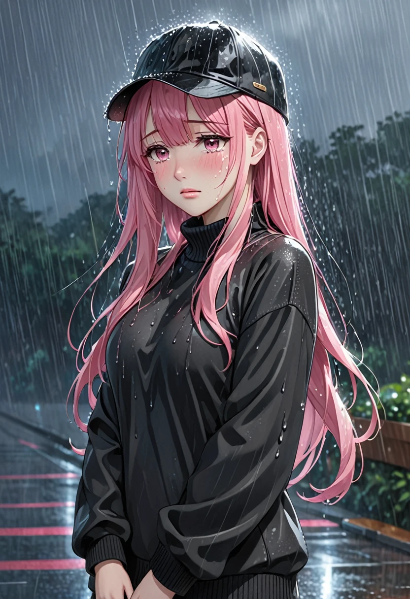 a female anime character with pink hair posing while wearing a hat in the rain, 1girl, solo, rain, pink hair, crying, tears, pink eyes, black sweater, long hair, crying with eyes open, bangs, closed mouth