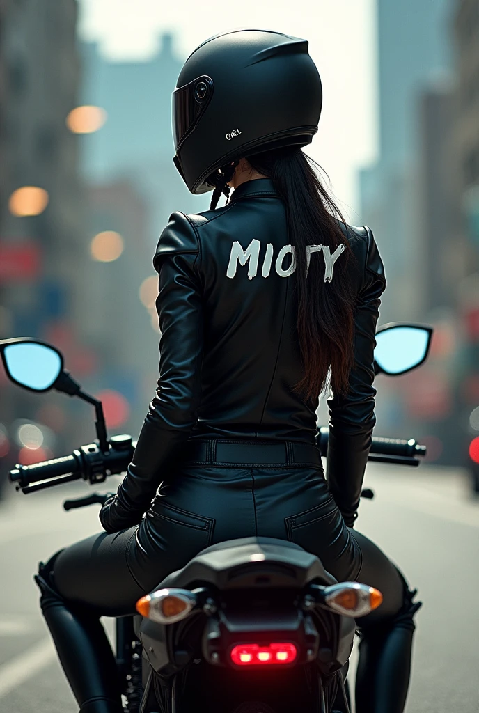 A long haired woman wears a black motorcycle helmet and a black jacket named "MIOTY" on back , qui est sur un moto kawasaki noir