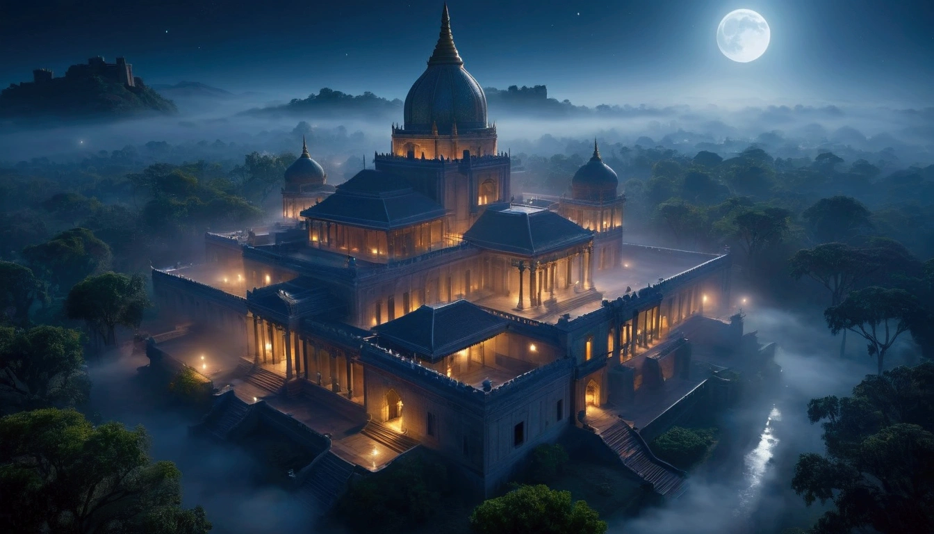 Mysterious Fog, light particles, old palace,  el dorado, moon, from above, cinematic lighting, cinematic angle, 