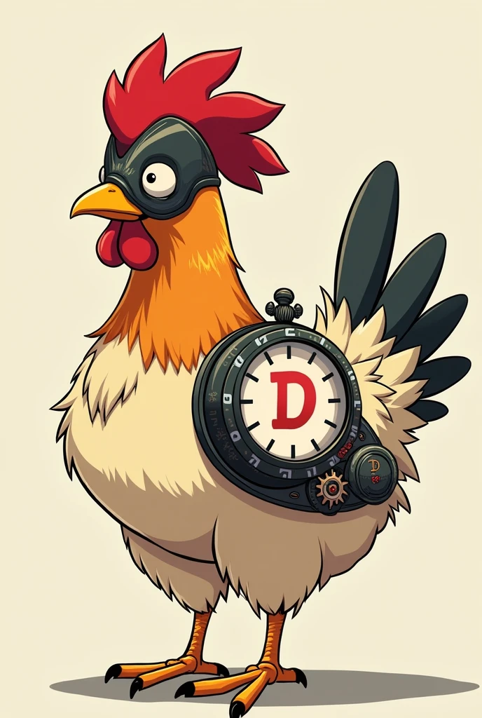 An animated chicken wearing a saiko mask and a clock on one wing containing the letter D inside the clock