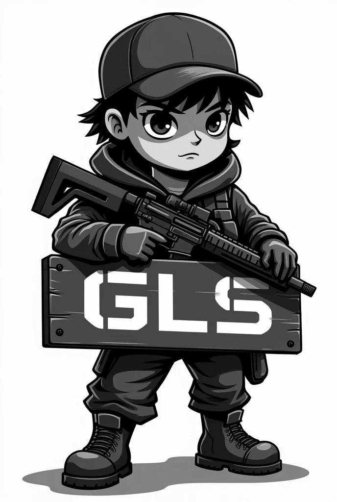 Create a mascot logo where the mascot is a gamer boy with his face covered and wearing a black chuki cap, carrying an assault rifle and a sign below with the letters gls