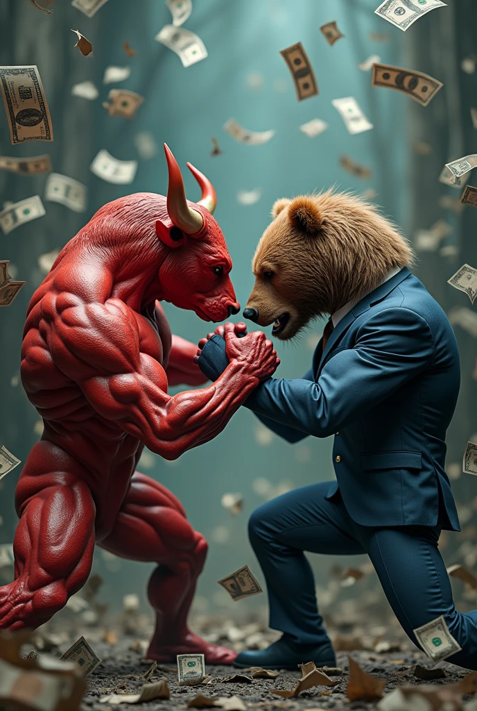 3D color image of a man with a red bull's head and another man with a bear's head wearing a suit, both are in arm wreatling pose with a background of share market candlesticks, stock market charts, dollar bills flying around, and falling stock prices. image should be in ultra HD.