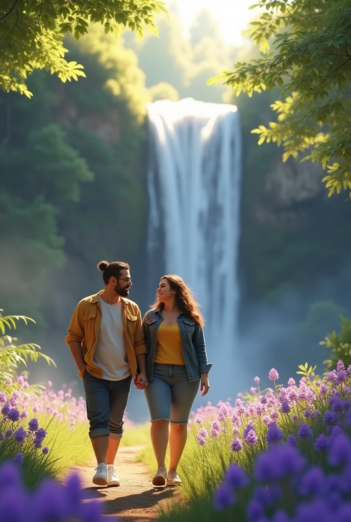 Image a plus size women and a skinny man wearing specks and looking at her happily they are going for a walk in a beautiful water fall in forest around violet flowers morning time with mist