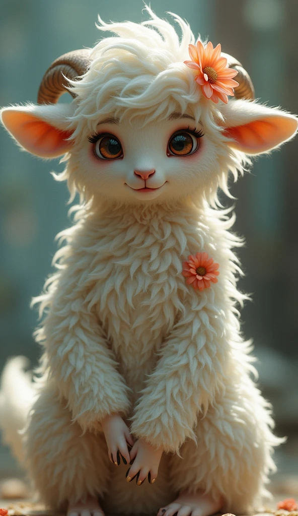 anthro furry sheep female, sheep ears, messy hair, beautiful sheep face, hight quality, sheep tail, hooves, sheep nose,furry, character, 1girl, short fur, curvy body, amazing, interesting scenery, good anatomy, good body proportion, 1 flower in hair, green eyes, human ???????, white hair, ponytail, sexy pose, adult, light dark body, digital art, anthro