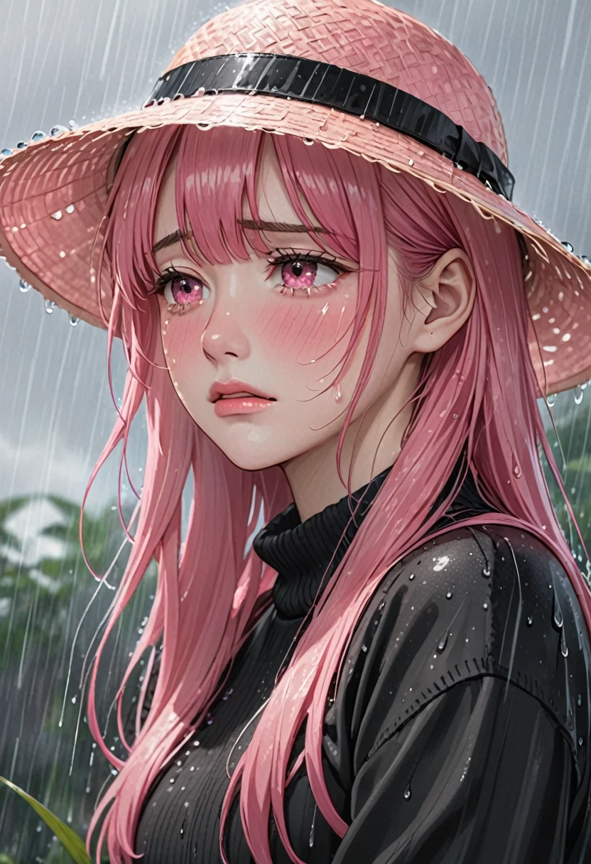 an as a woman with pink hair and a black outfit is wearing a straw hat, 1girl, solo, rain, pink hair, crying, tears, pink eyes, black sweater, long hair, crying with eyes open, bangs, closed mouth