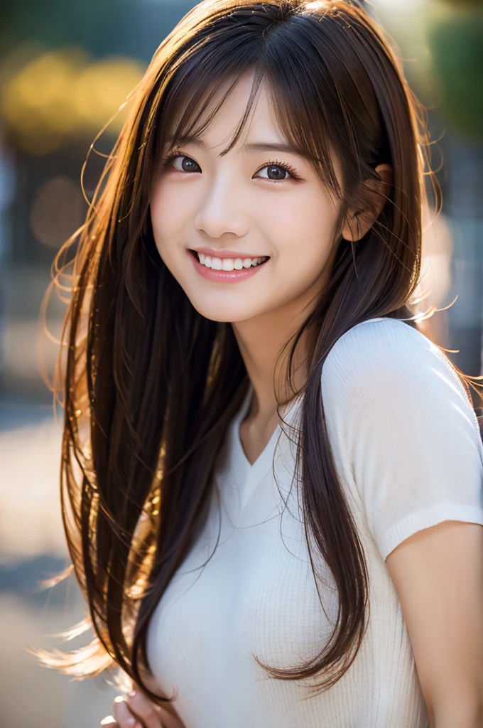 Image resolution 8K、Representative works:1.3)、Beauty、1 female、(魅力的なbody:1)、abdomen:1.1、Dark Brown Hair:1.1、(body:1)、Super detailed facial features、Attractive lips、double eyelid、Wearing a fashionable and stylish V-neck shirt、Super realistic and super cute details、Japanese women、10th generation(18-year-old)、Adorable smile with a smile、Hair blowing in the wind、color々Hair style、Portrait in the studio、