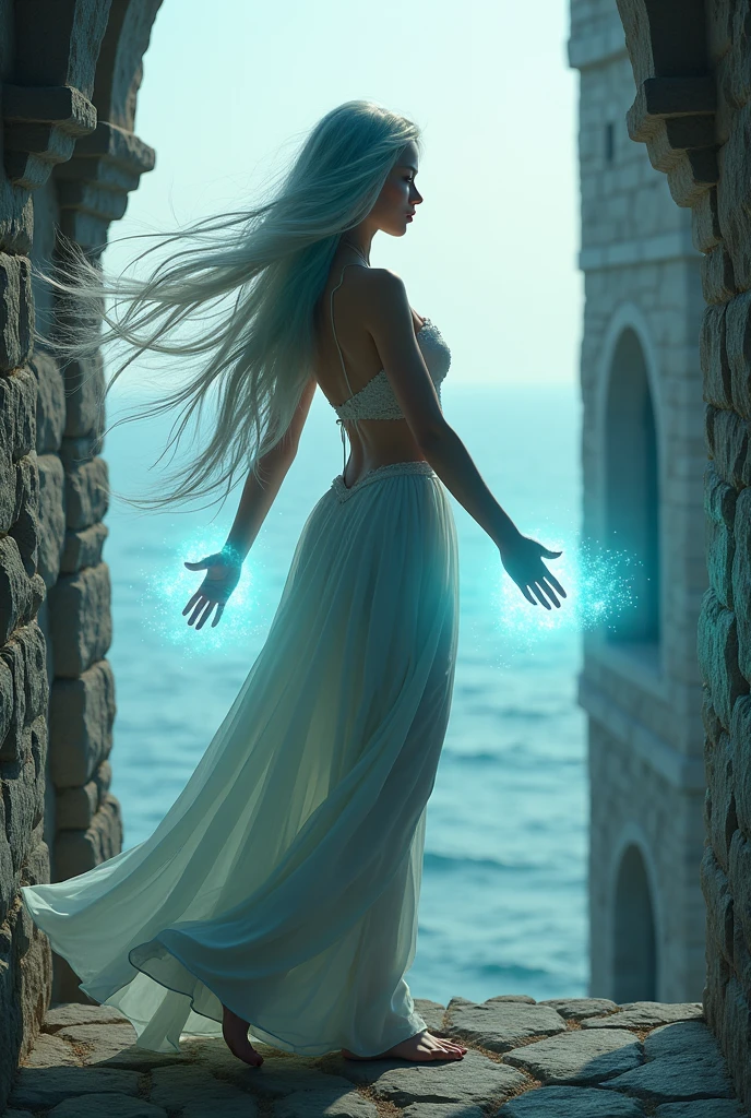 highest quality, 8k, hdr, (head to toe:1.4), Realistic, Sexy Human female, hourglass figure, large breasts, nude, wide stance, twenty years in age, Russian Asian mixed heritage, sea blue natural hair with long thick platinum streaks including pubic hair and eyebrows, full figure, lighting dancing from one hand to the other, dancing on a giant stone castle wall