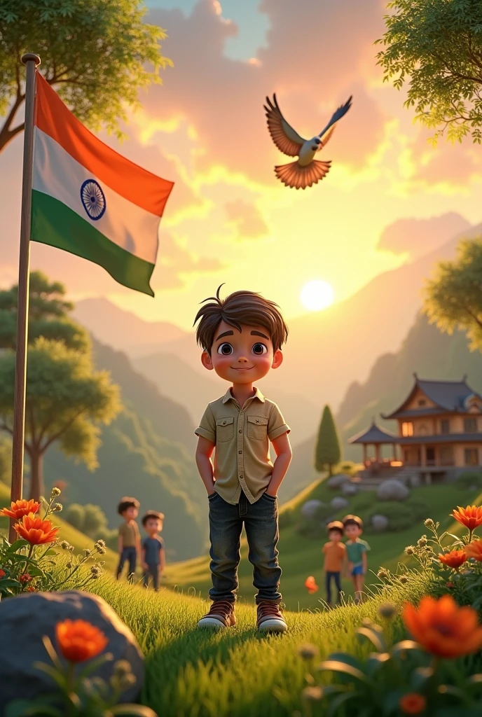 Indian flag, bird, outdoors, indian male_child, child, sunset, black_hair, smile, mountain, tree, male_focus, flower, brown_eyes, cloud, sky, house, multiple_boys, 1boy, shirt, grass, scenery, hands_in_pockets, building, rock 3d render cinematic  16.9 ratio