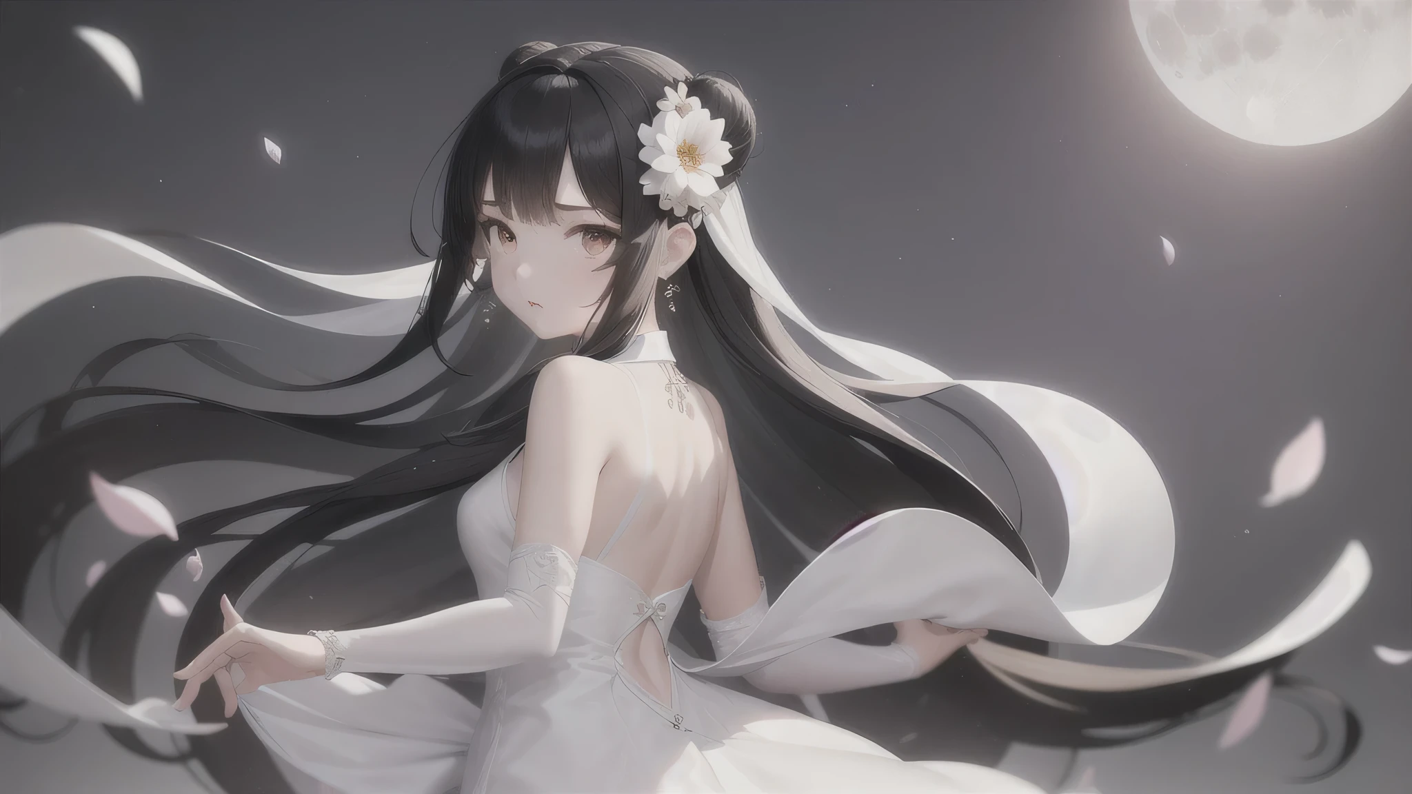 1girl, solo, long hair, black hair, hair ornament, dress, jewelry, upper body, flower, earrings, looking back, hair bun, white dress, petals, night, facial mark, chinese clothes, moon, single hair bun, full moon, stairs, forehead mark, branch, falling petals